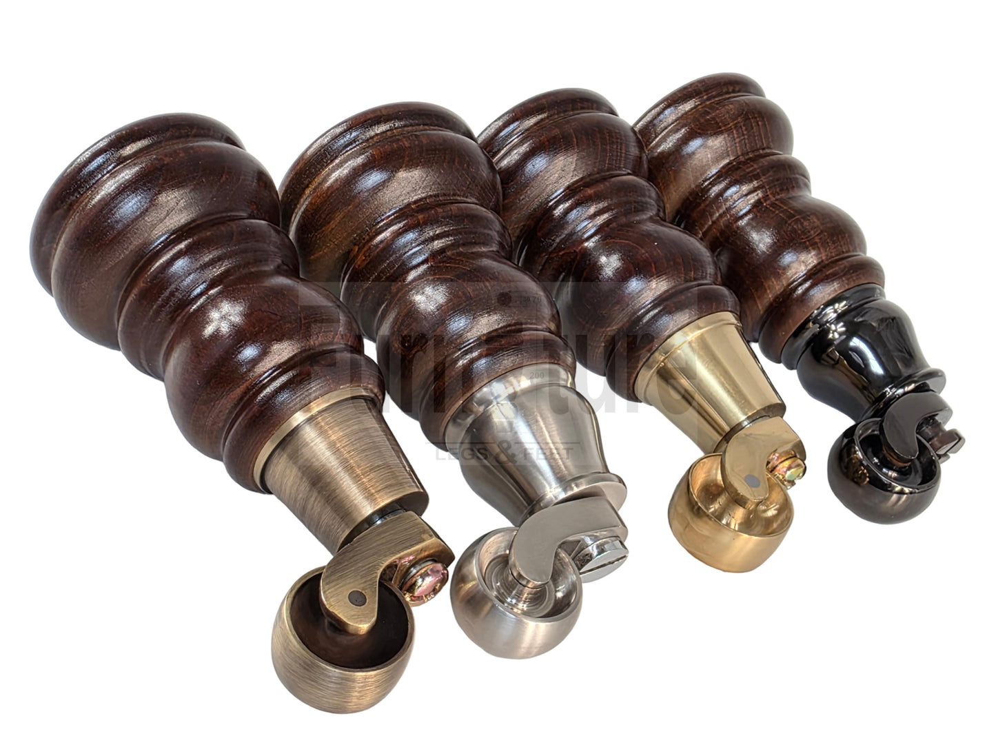 Turned Solid Beech Wood Furniture Legs with Antique Brass Castors Set of 4 Sofa Feet 155mm High M8 Threaded Dowl Fitting