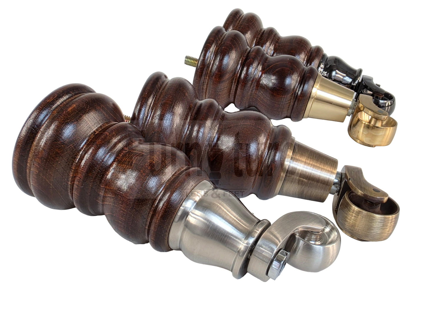 Turned Solid Beech Wood Furniture Legs with Antique Brass Castors Set of 4 Sofa Feet 155mm High M8 Threaded Dowl Fitting
