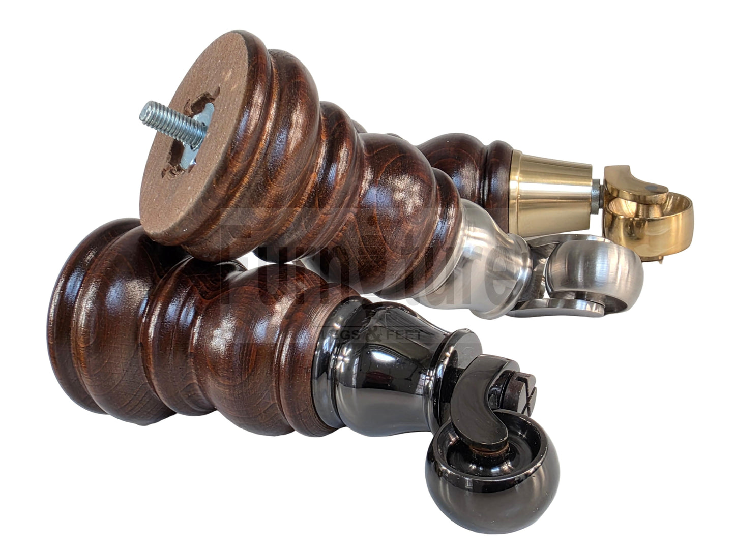 Turned Solid Beech Wood Furniture Legs with Antique Brass Castors Set of 4 Sofa Feet 155mm High M8 Threaded Dowl Fitting