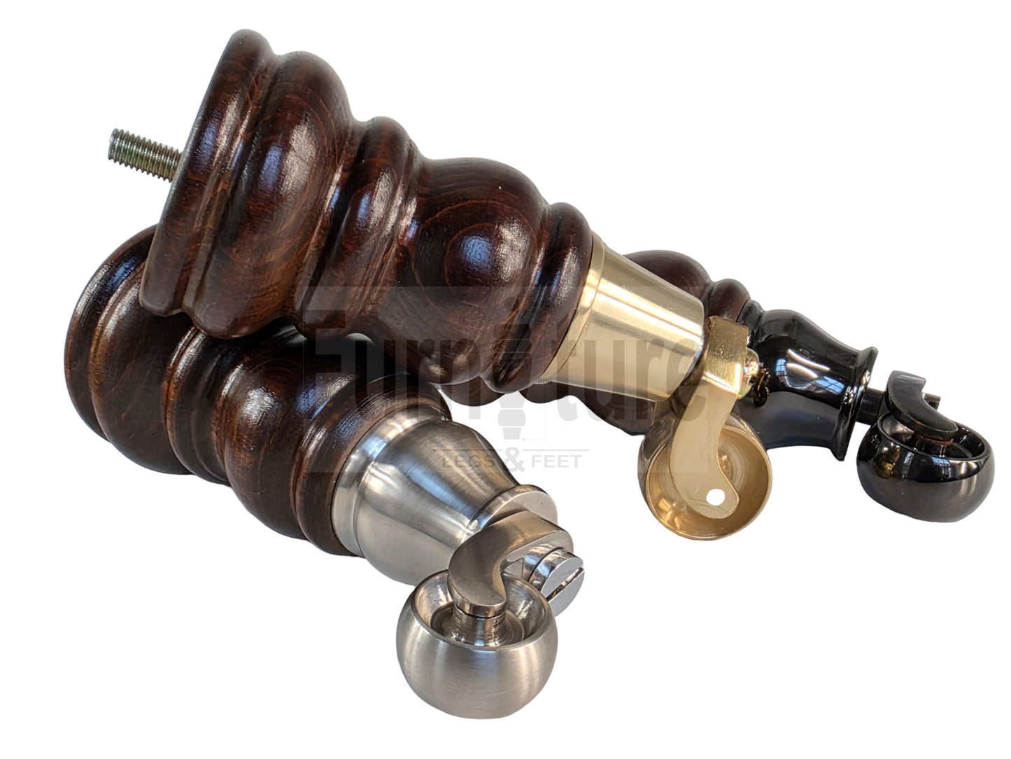 Turned Solid Beech Wood Furniture Legs with Antique Brass Castors Set of 4 Sofa Feet 155mm High M8 Threaded Dowl Fitting