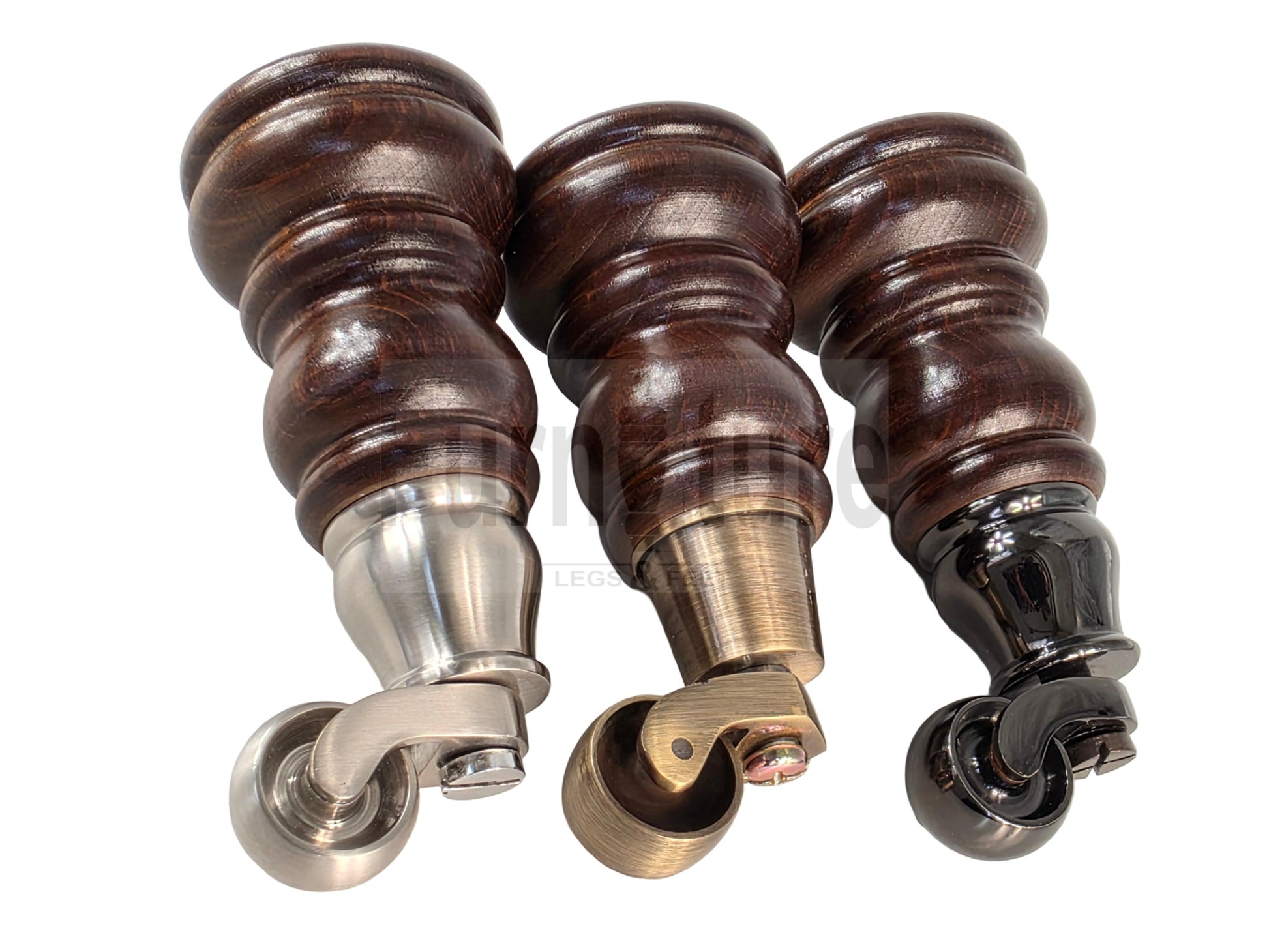 Turned Solid Beech Wood Furniture Legs with Antique Brass Castors Set of 4 Sofa Feet 155mm High M8 Threaded Dowl Fitting