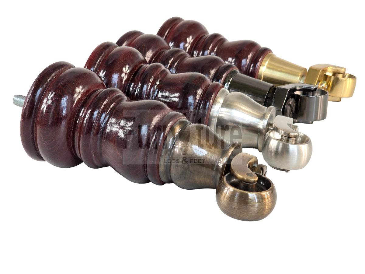 4 Turned Wooden Furniture Legs with Castors Replacement Chair Legs 155mm High M8 Fitting - Mahogany Finish
