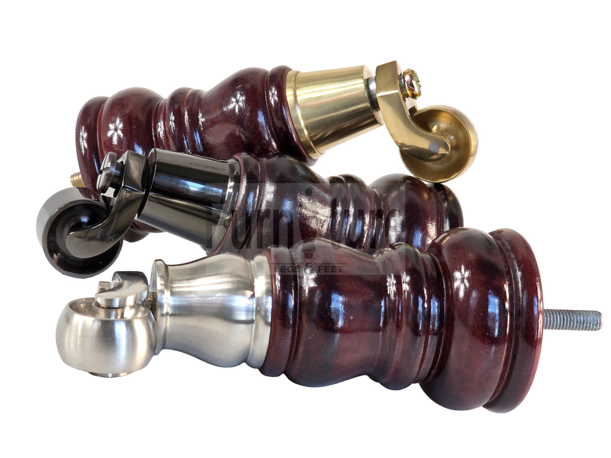 4 Turned Wooden Furniture Legs with Castors Replacement Chair Legs 155mm High M8 Fitting - Mahogany Finish