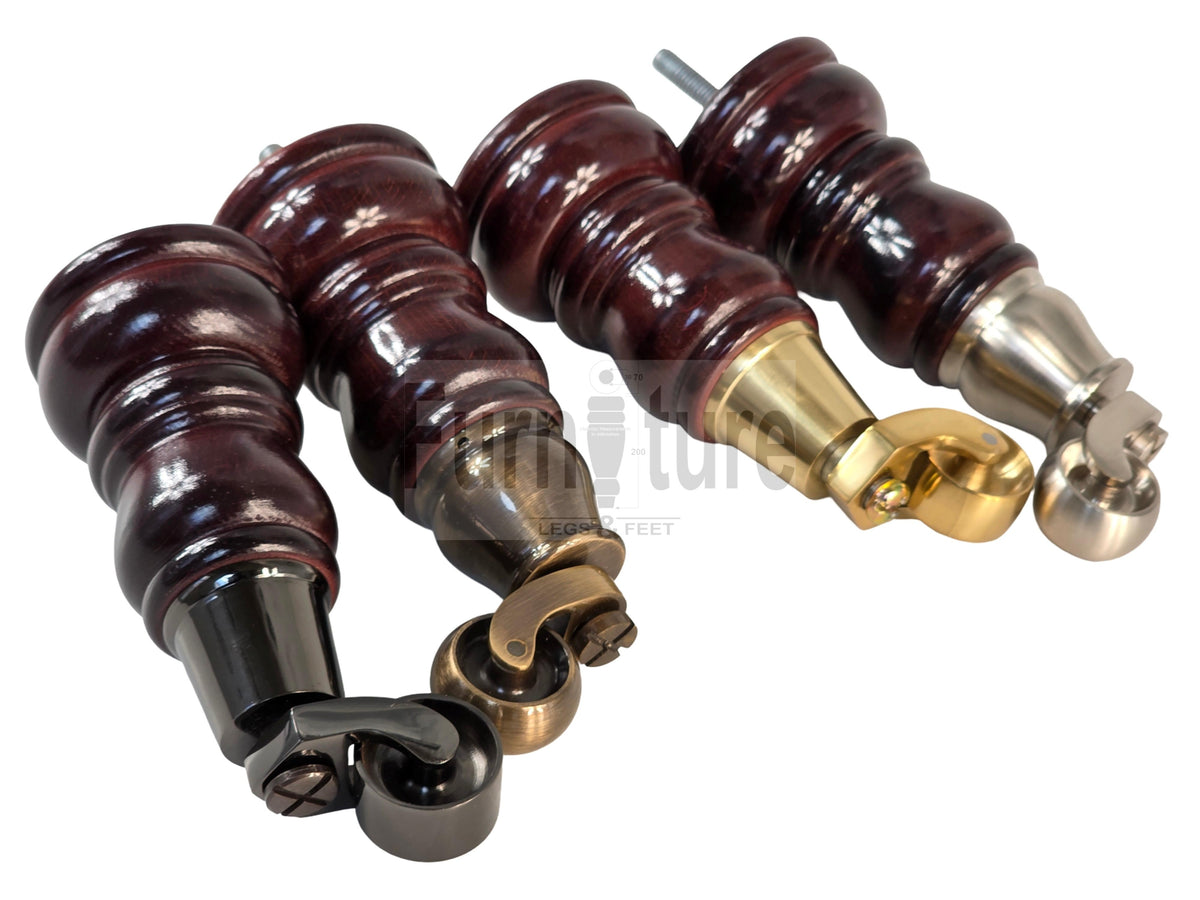 4 Turned Wooden Furniture Legs with Castors Replacement Chair Legs 155mm High M8 Fitting - Mahogany Finish
