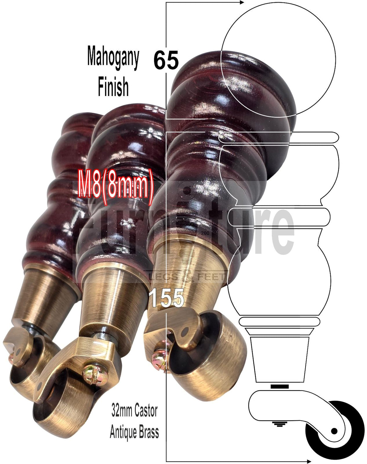4 Turned Wooden Furniture Legs with Castors Replacement Chair Legs 155mm High M8 Fitting - Mahogany Finish
