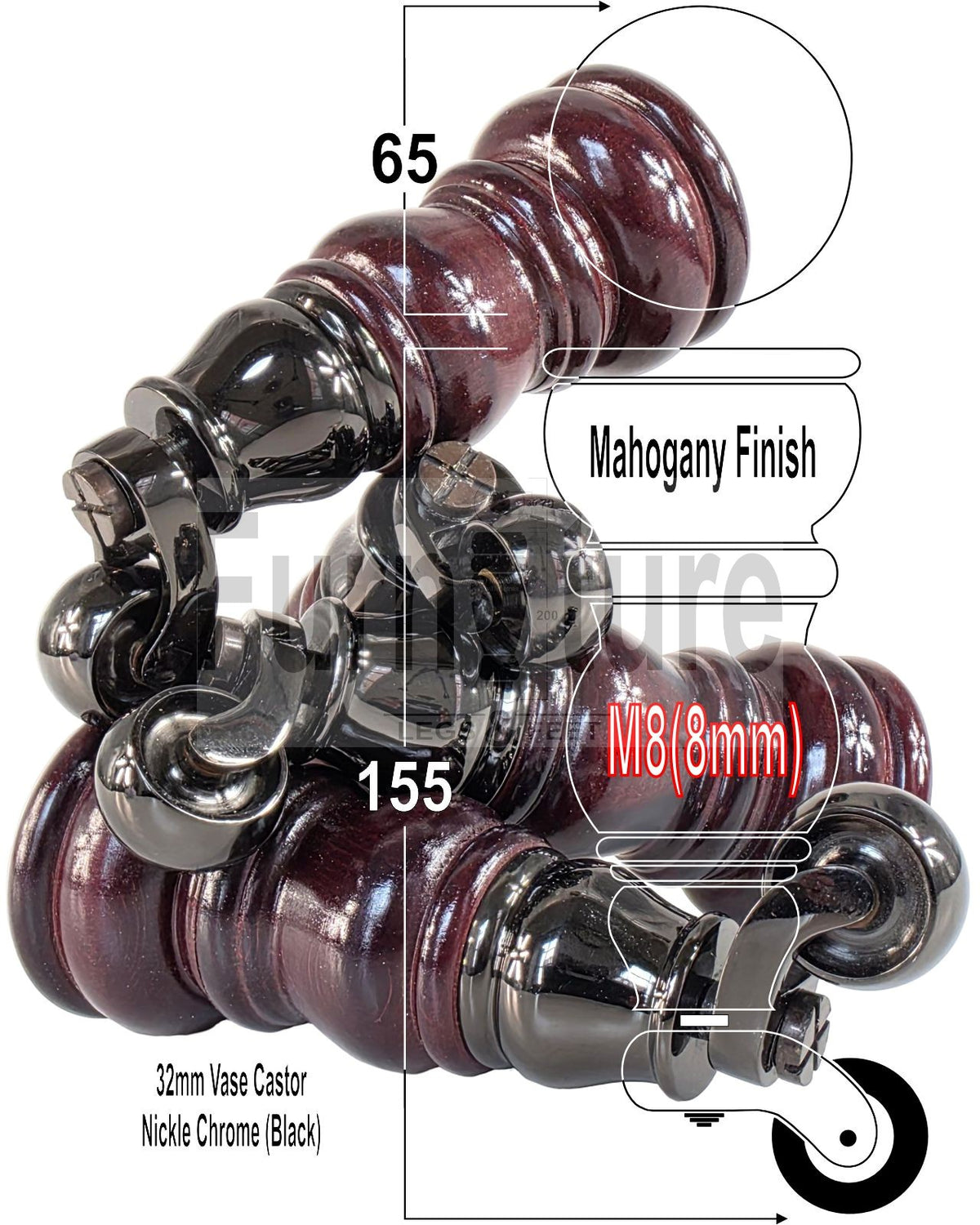 4 Turned Wooden Furniture Legs with Castors Replacement Chair Legs 155mm High M8 Fitting - Mahogany Finish
