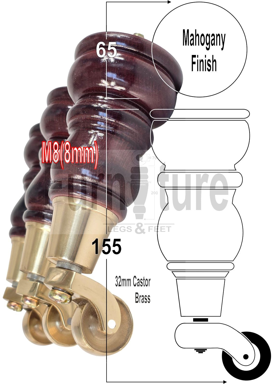 4 Turned Wooden Furniture Legs with Castors Replacement Chair Legs 155mm High M8 Fitting - Mahogany Finish