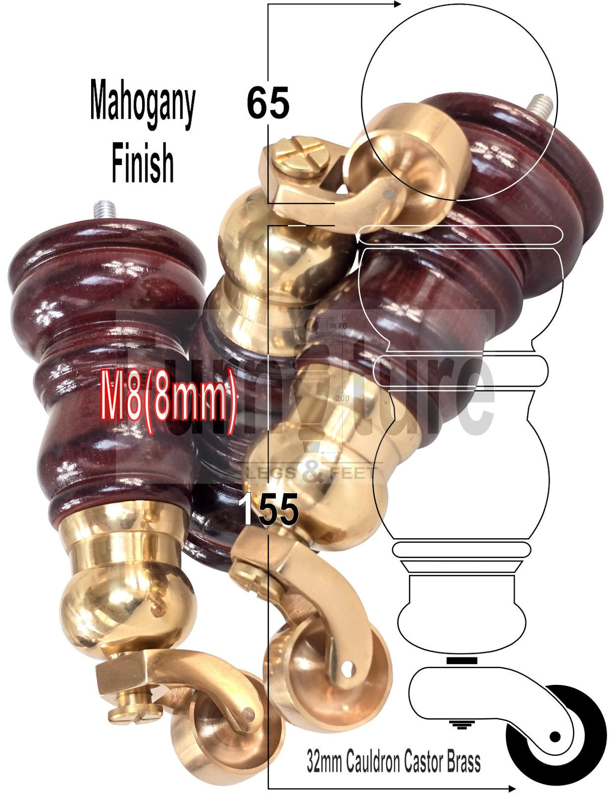 4 Turned Wooden Furniture Legs with Castors Replacement Chair Legs 155mm High M8 Fitting - Mahogany Finish