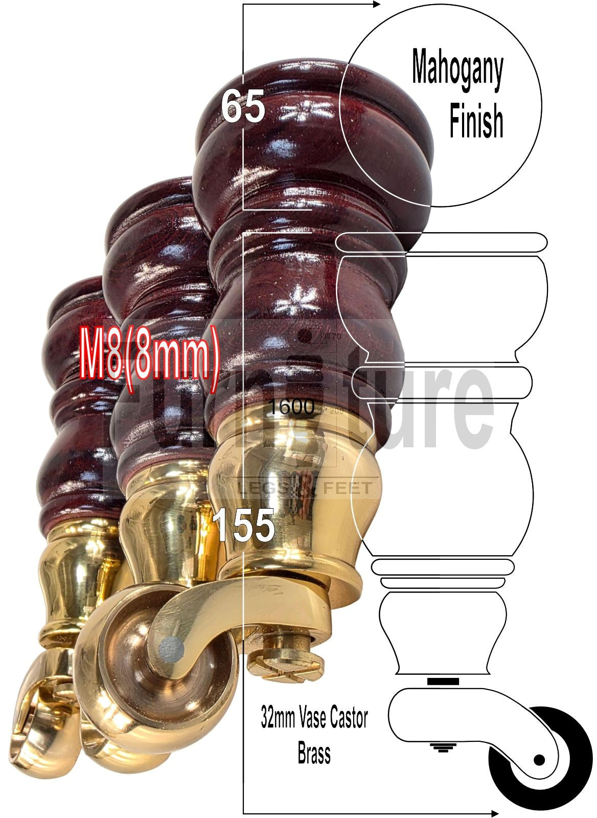 4 Turned Wooden Furniture Legs with Castors Replacement Chair Legs 155mm High M8 Fitting - Mahogany Finish