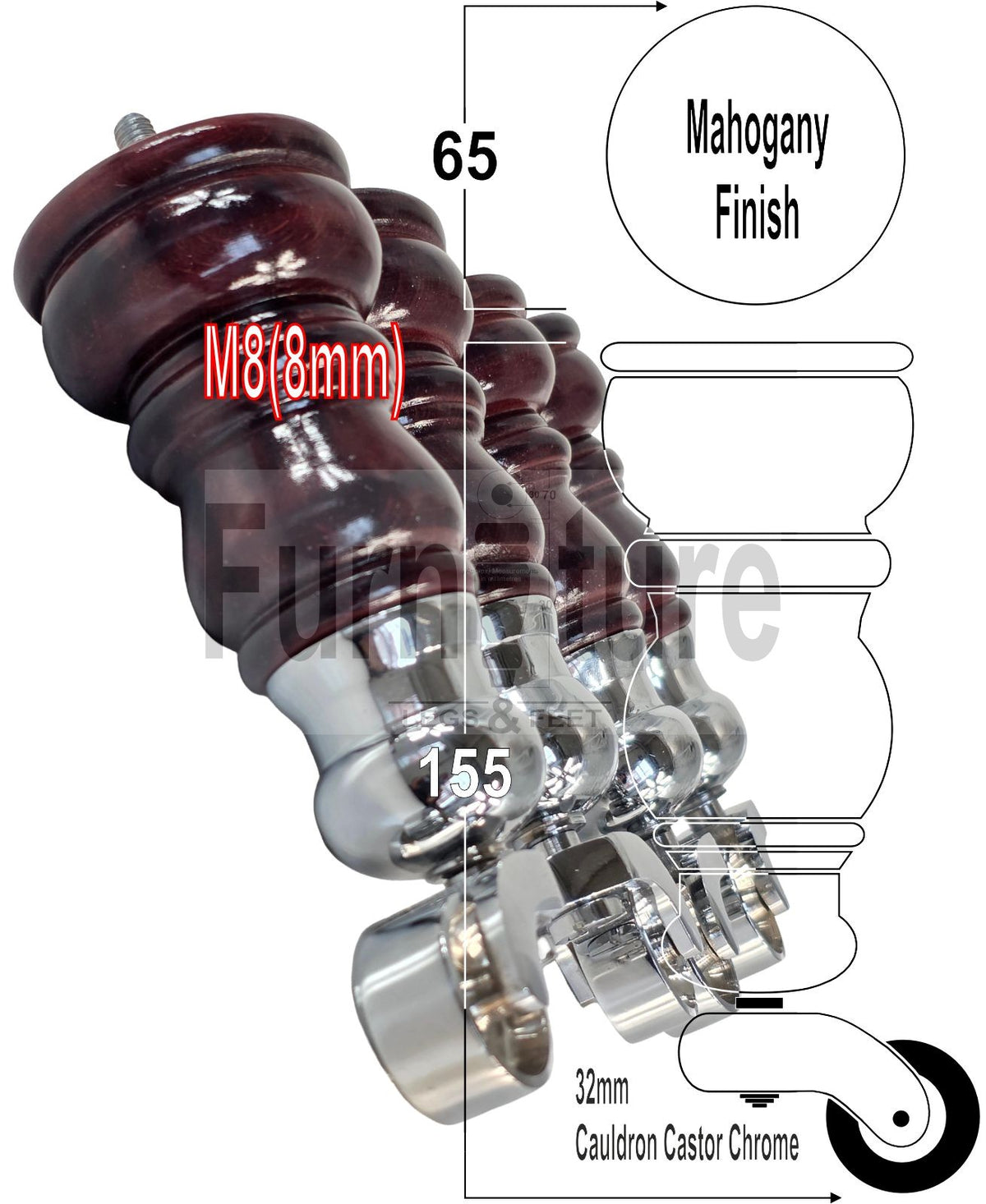 4 Turned Wooden Furniture Legs with Castors Replacement Chair Legs 155mm High M8 Fitting - Mahogany Finish