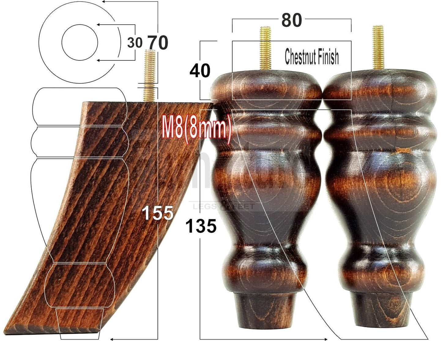 2x Turned Wood Furniture Feet 155mm and 2 Curved Back Legs Sofas Chairs Beds M8 Thread 6 Inches