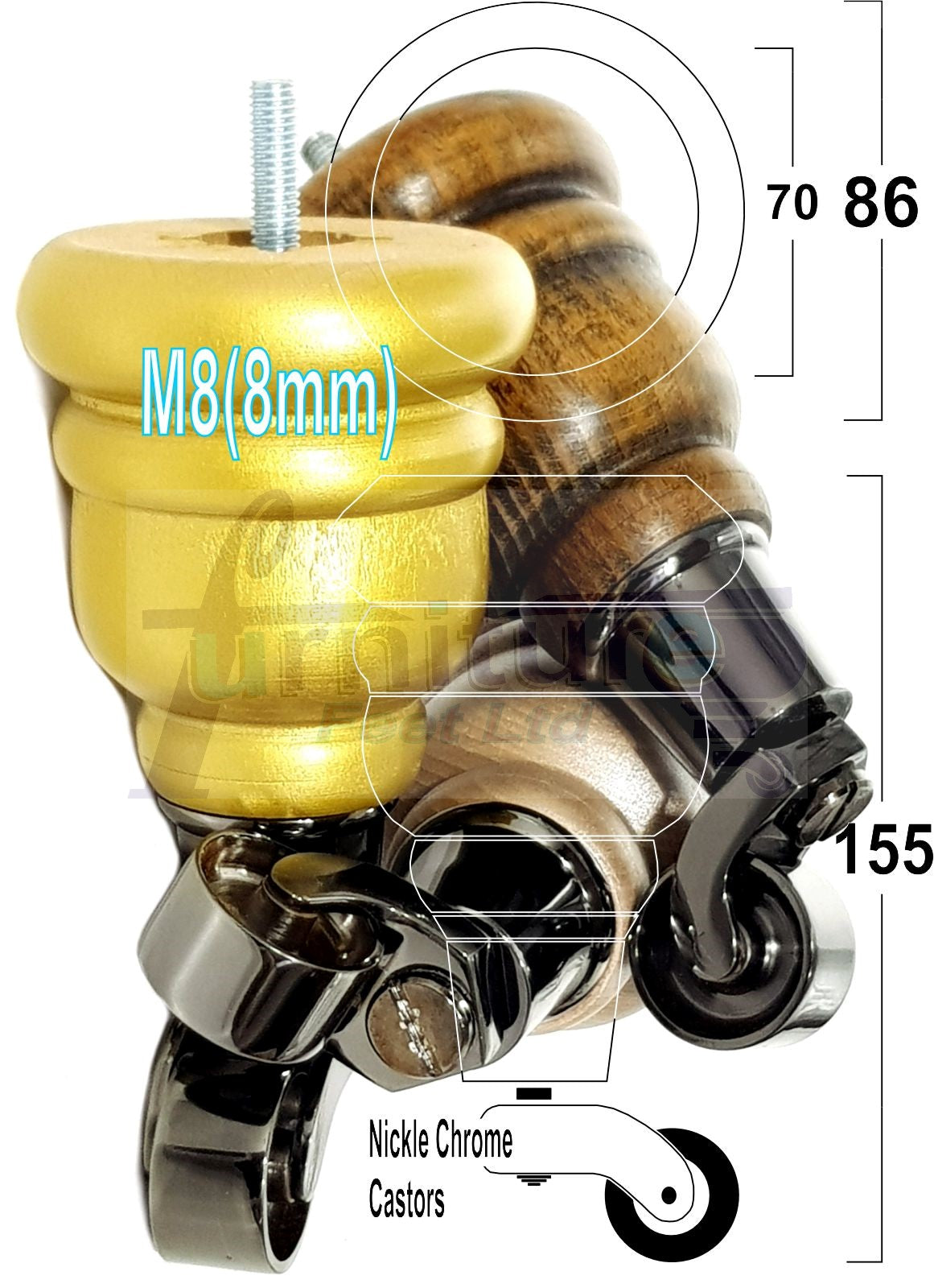 4 Turned Wooden Replacement Furniture Legs with Castors 6 Inch 155mm High Sofa Feet M8 Dowl Fixing - Black Castor