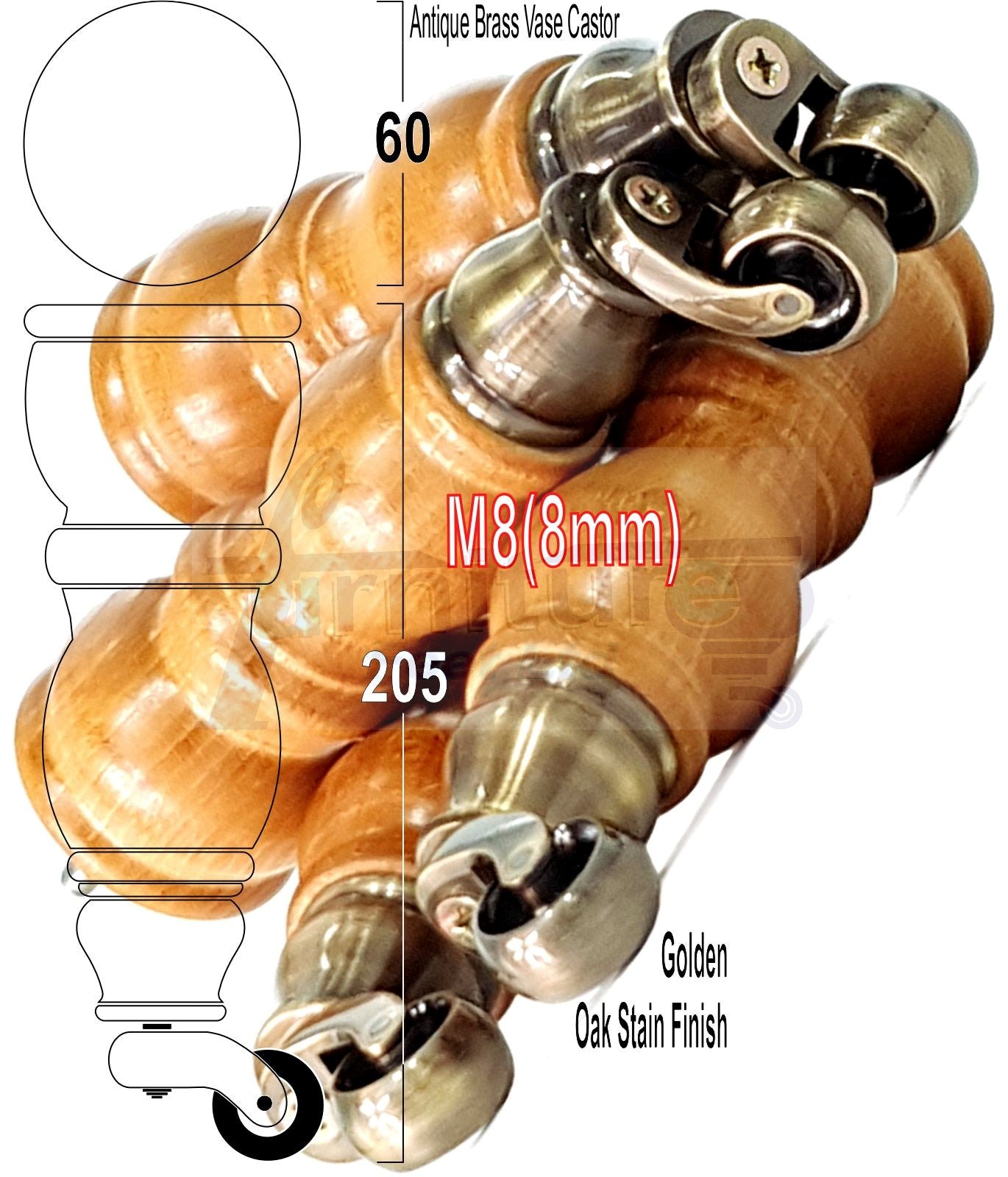 Solid Wood Furniture Feet With Castors Set of 4 Legs 205mm High For Sofas Chairs Stools Cabinets & Beds M8
