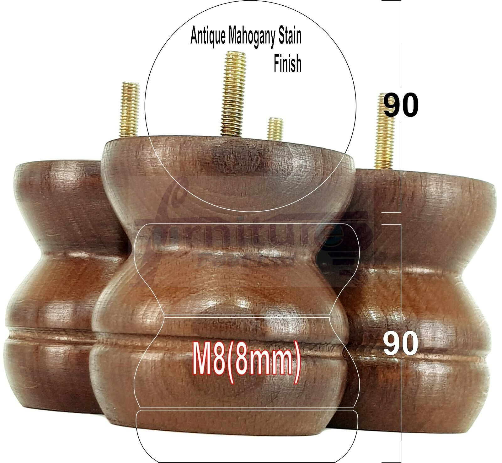4x Turned Solid Wood Furniture Legs Replacement Bun Feet 90mm High 8mm Thread