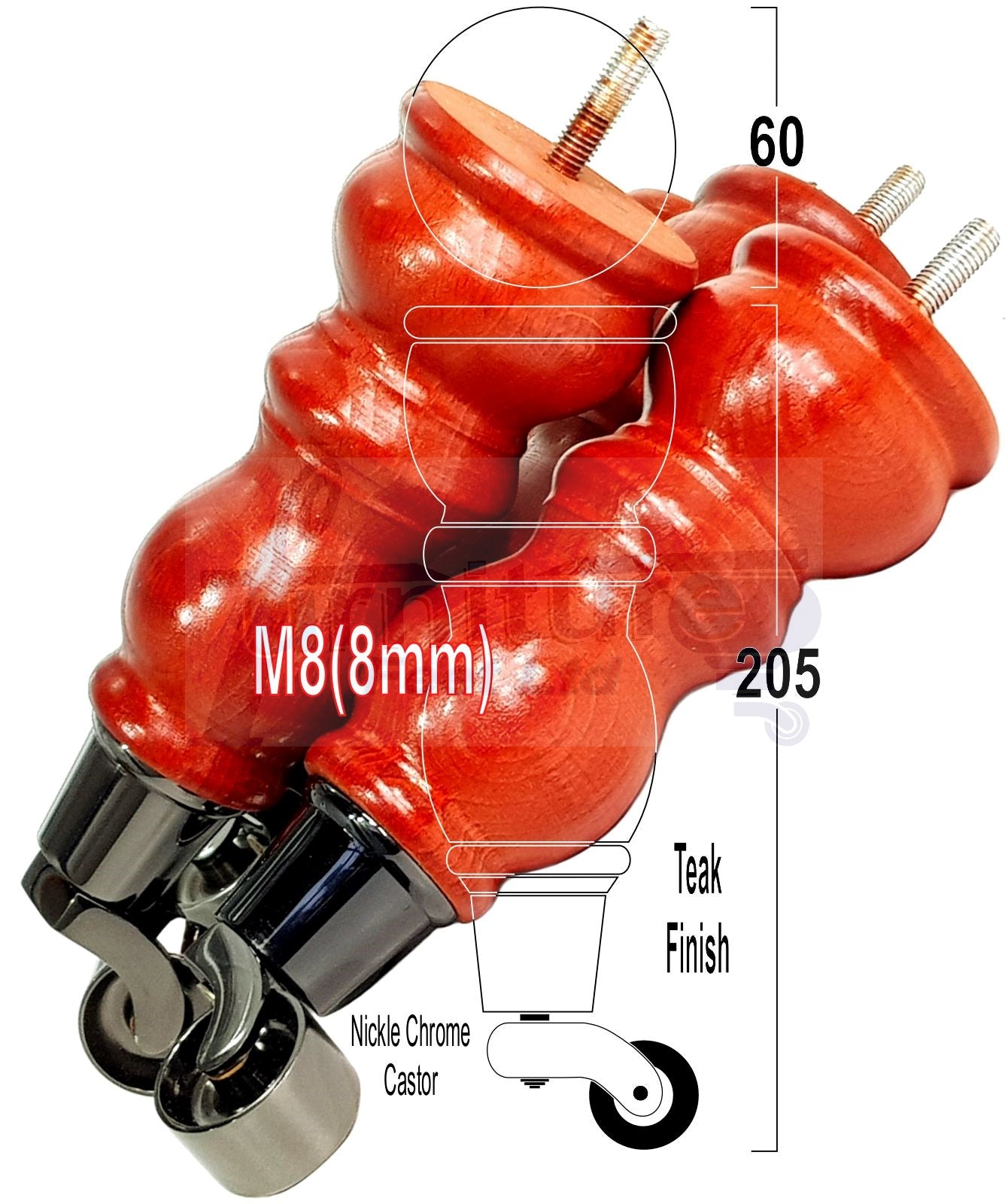 Solid Wood Furniture Feet With Castors Set of 4 Legs 205mm High For Sofas Chairs Stools Cabinets & Beds M8
