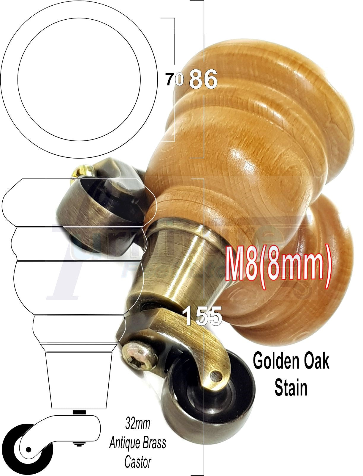 4 Turned Wood Furniture Feet With Antique Brass Castors 155mm Legs Sofas Chairs Stools Cabinets Beds M8 6 Inches