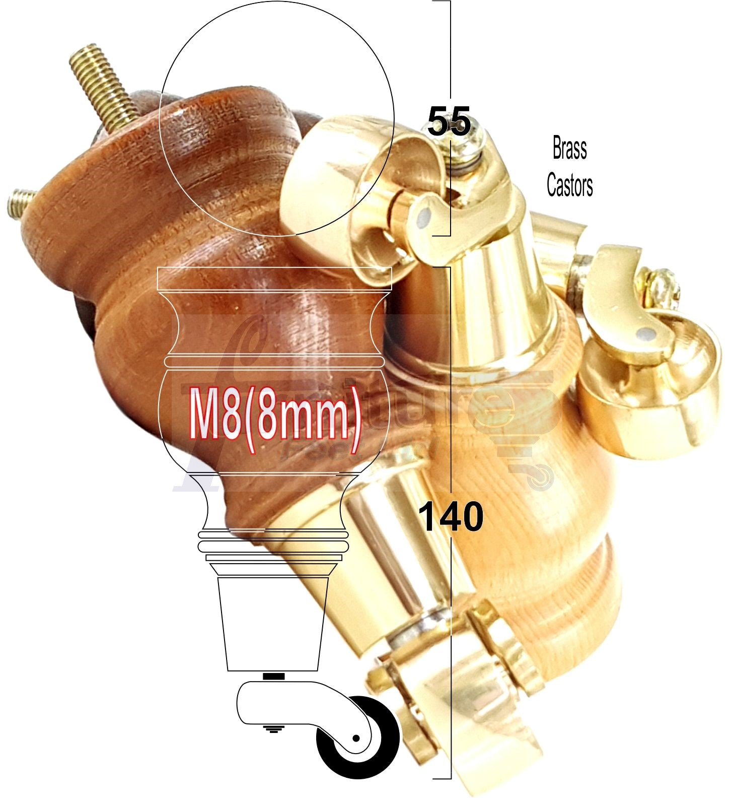 4x Turned Wood Furniture Feet With Brass Castors M8 Chair Sofa Settee Legs 140mm
