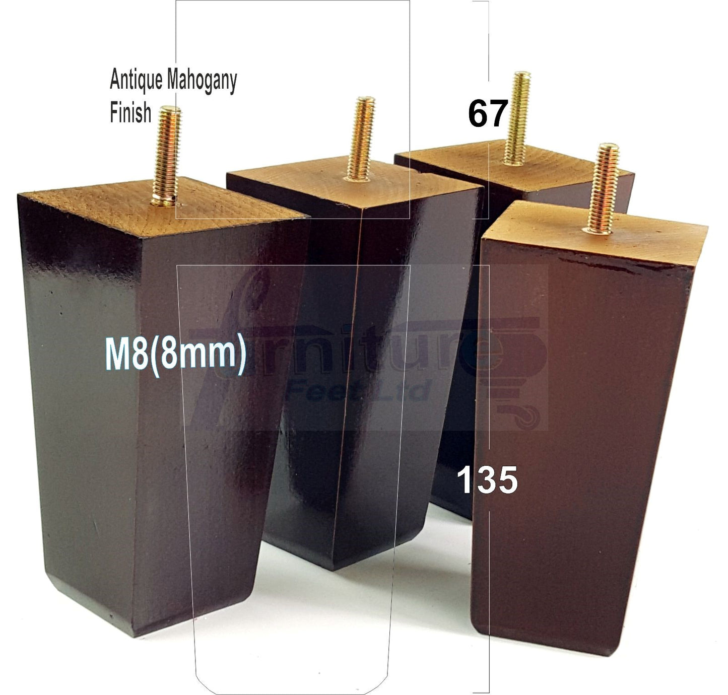 4x Block Wood Sofa Legs 135mm High Replacement Furniture Feet Chairs Cabinets M8(8mm)