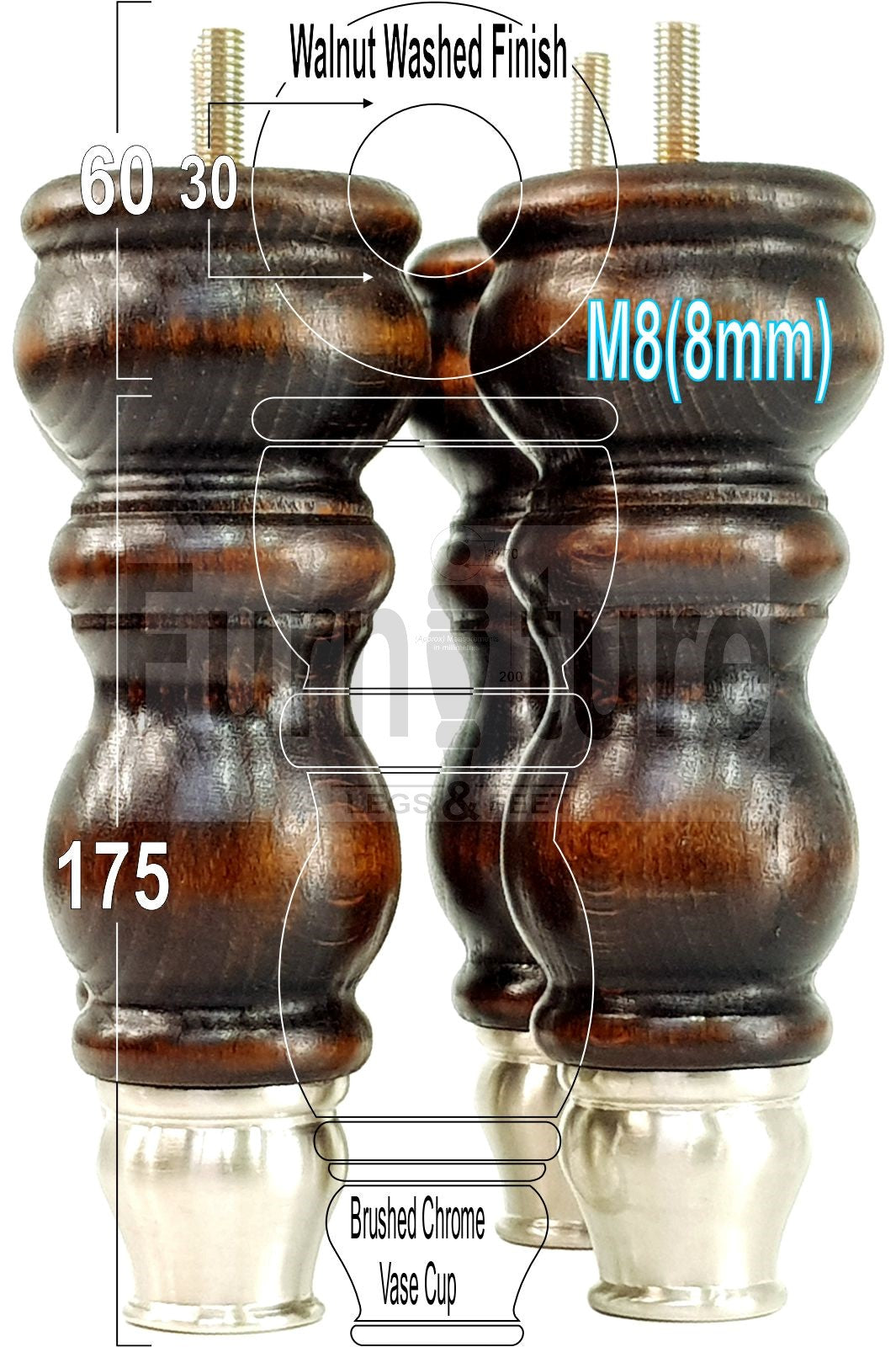 4x Furniture Feet With Slipper Cup 175mm High Legs Dark Walnut Finish Wood M8 Sofas Chairs Cabinets