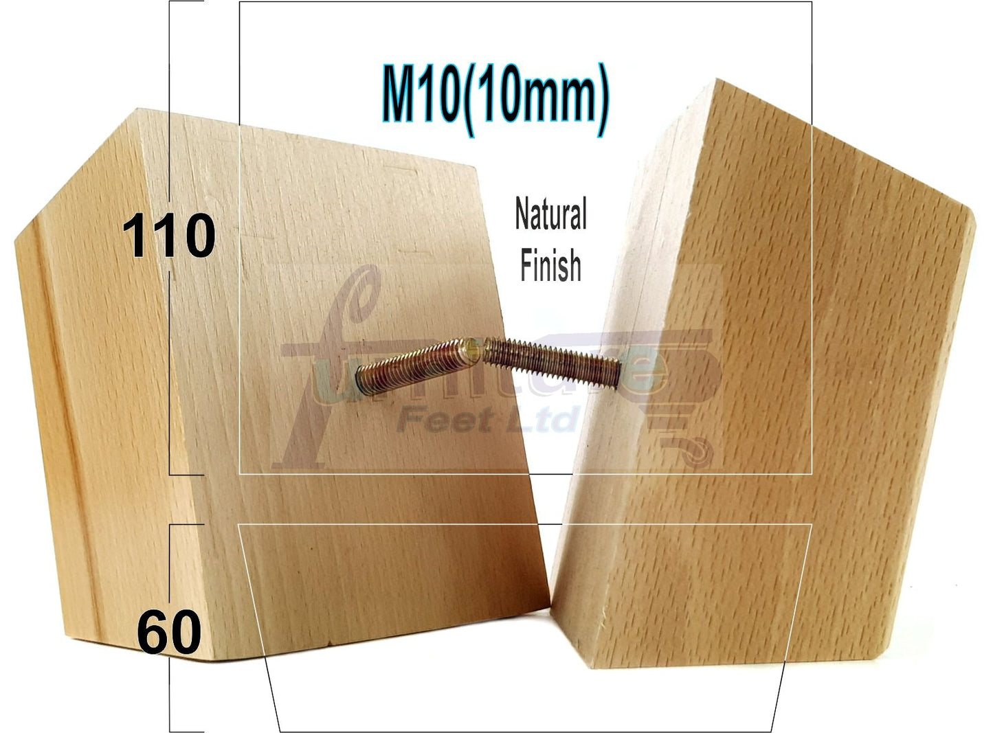 4x Square Wood Sofa Legs 60mm High Replacement Furniture Feet Chairs Cabinets M10 Thread