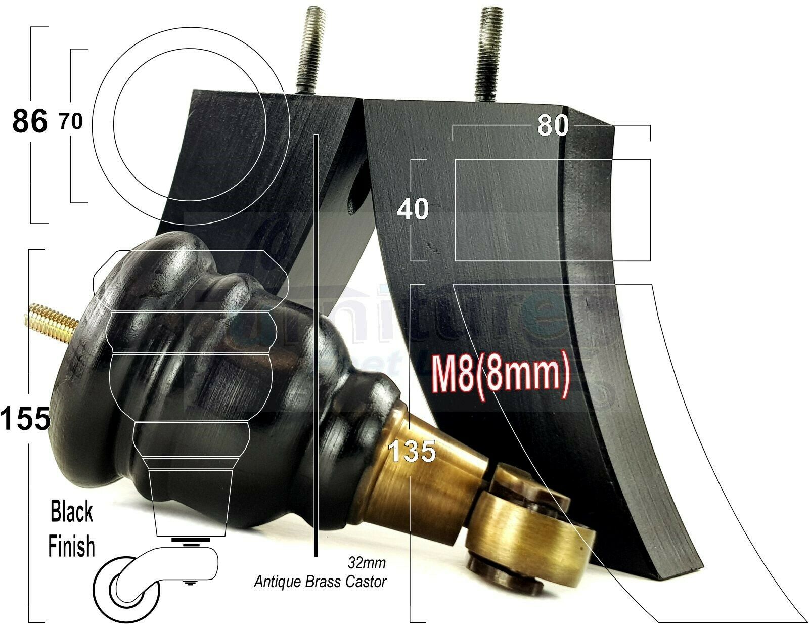 Black Turned Wood Furniture Feet 2 With Castors 155mm and 2 Curved Back Legs Sofas Chairs Stools Cabinets Beds M8 6 Inches