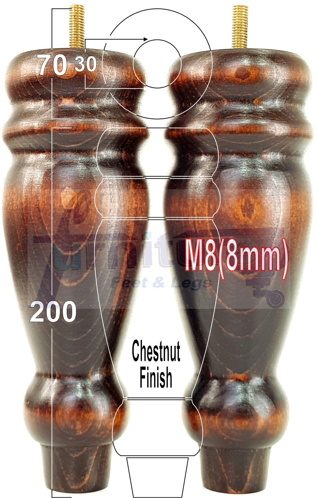 Set Of 4 Turned Furniture Legs Replacement Sofa Feet 200mm High M8 Thread