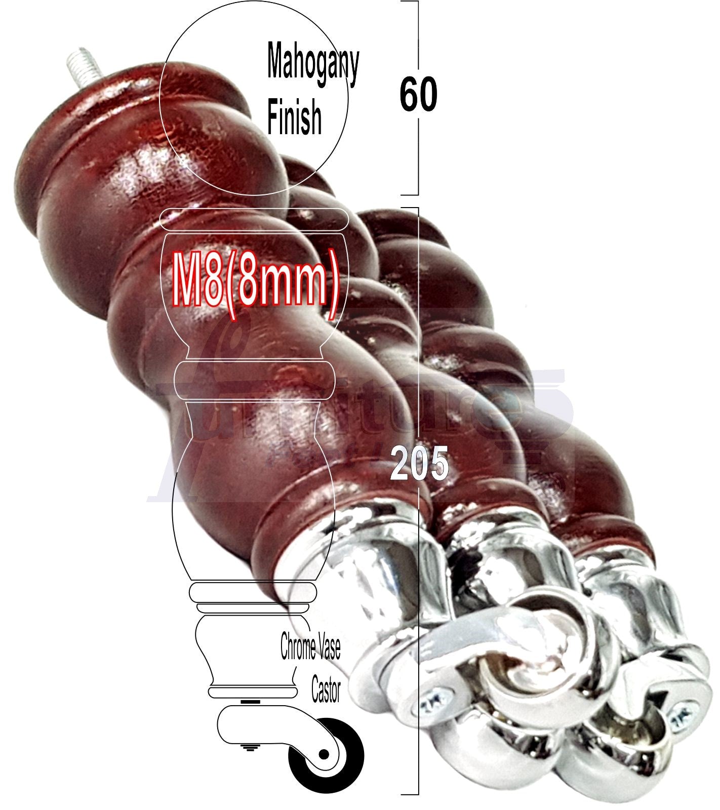 Solid Wood Furniture Feet With Castors Set of 4 Legs 205mm High For Sofas Chairs Cabinets & Beds M8 Mahogany Finish