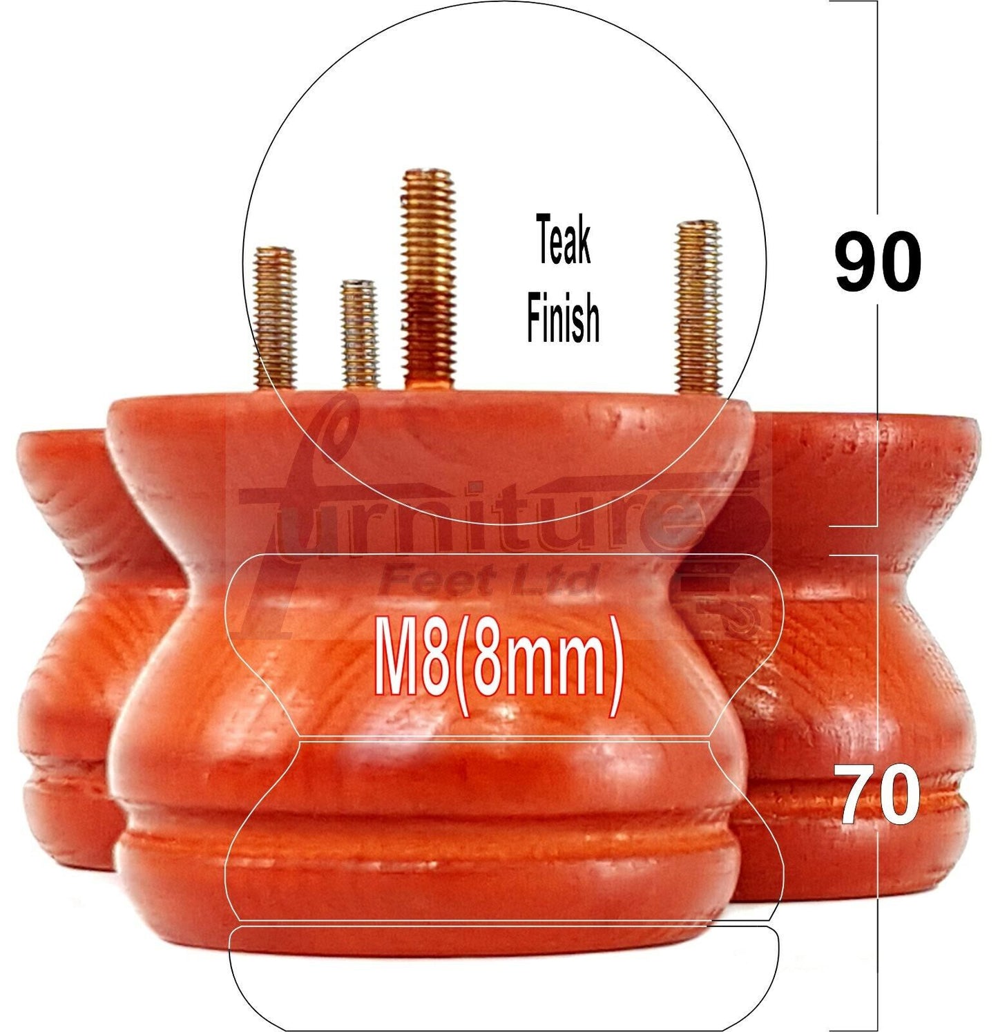 4x Turned Solid Wood Furniture Legs Replacement Bun Feet 70mm High 8mm Thread