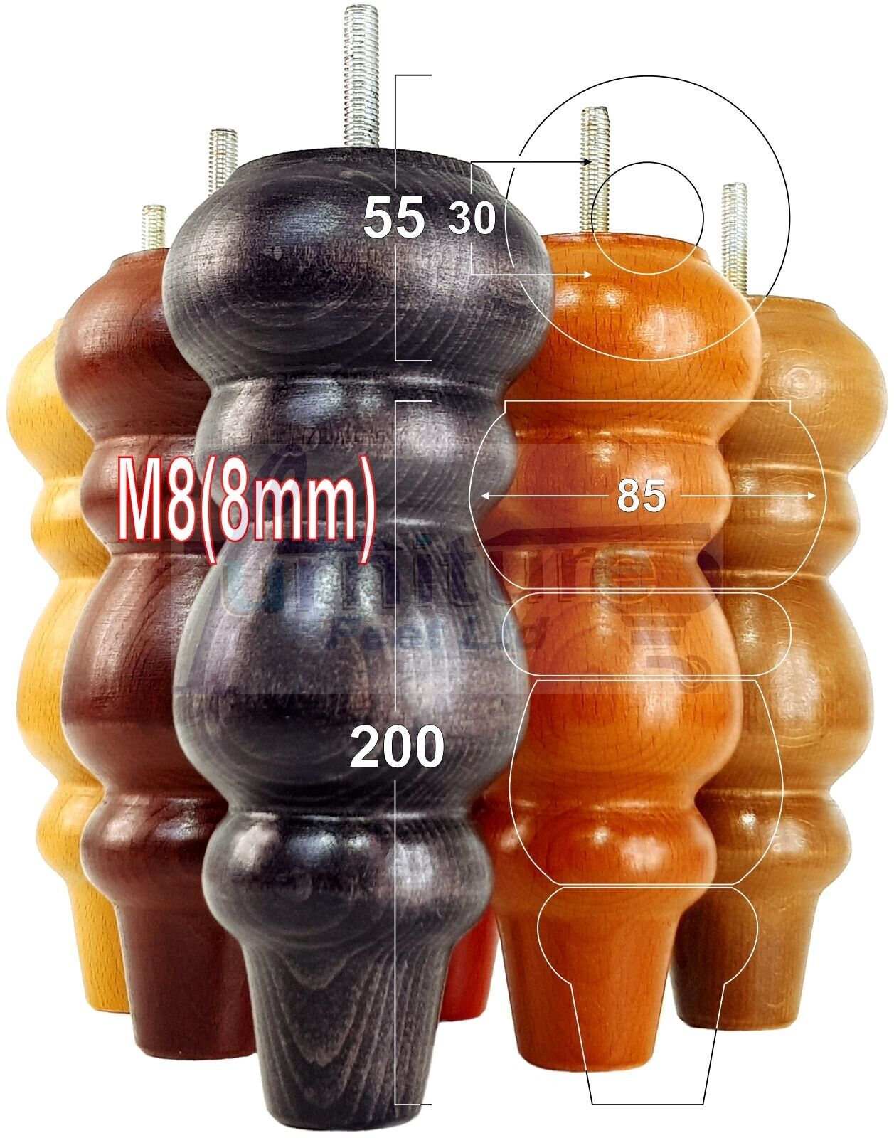 Solid Wood Furniture Feet Replacement Turned Legs 200mm High Chairs Stools Sofa's Beds Settee Cabinets M8 Various Colours Set of 4