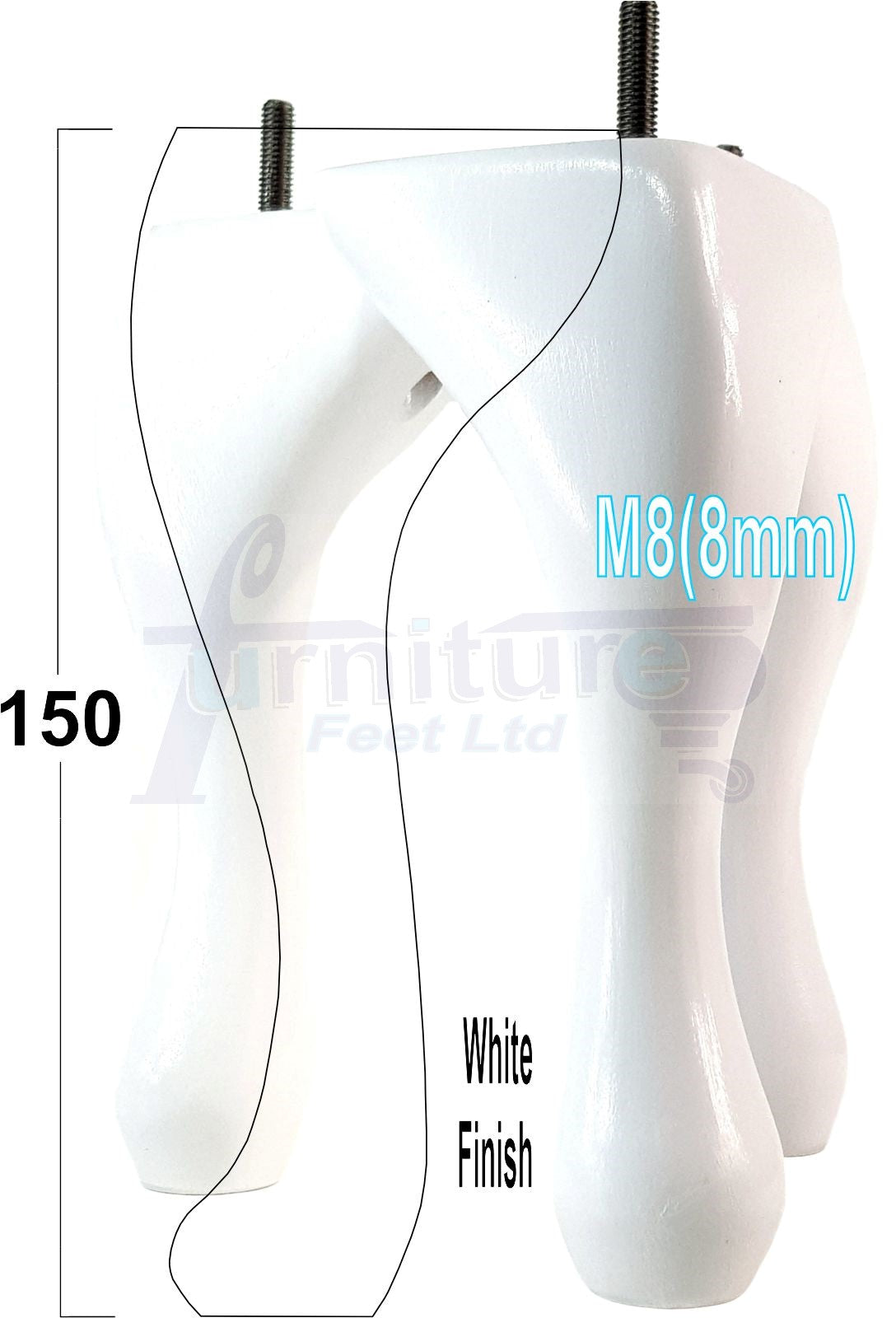 4 Solid Wood Furniture Feet 150mm High Queen Anne Replacement Legs M8 (8mm) 6 Inches Chair Stools Bed Sofa Georgian Style