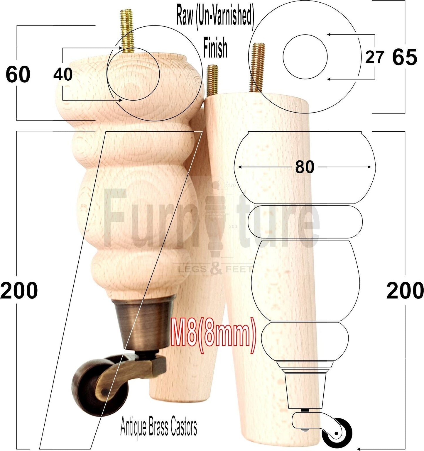 2x Furniture Antique Castor Legs & 2x Angled Solid Wooden Feet M8 Chairs Sofa 200mm High
