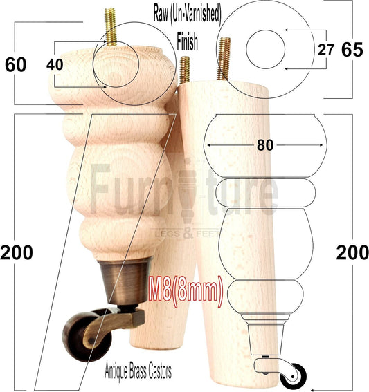 2x Furniture Antique Castor Legs & 2x Angled Solid Wooden Feet M8 Chairs Sofa 200mm High