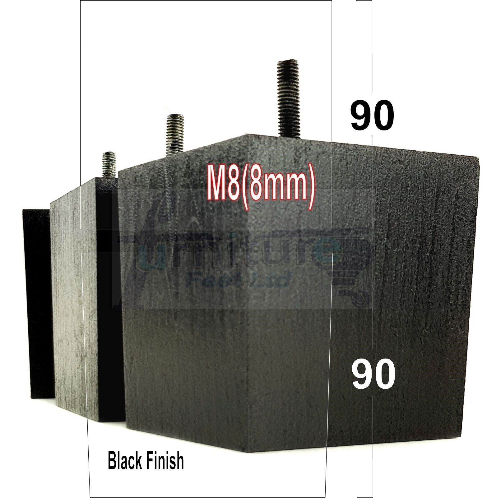4x Solid Wood Square Feet Replacement Block Legs 90mm High Furniture Chairs Stools Sofa Beds Settee Cabinets 8mm Thread