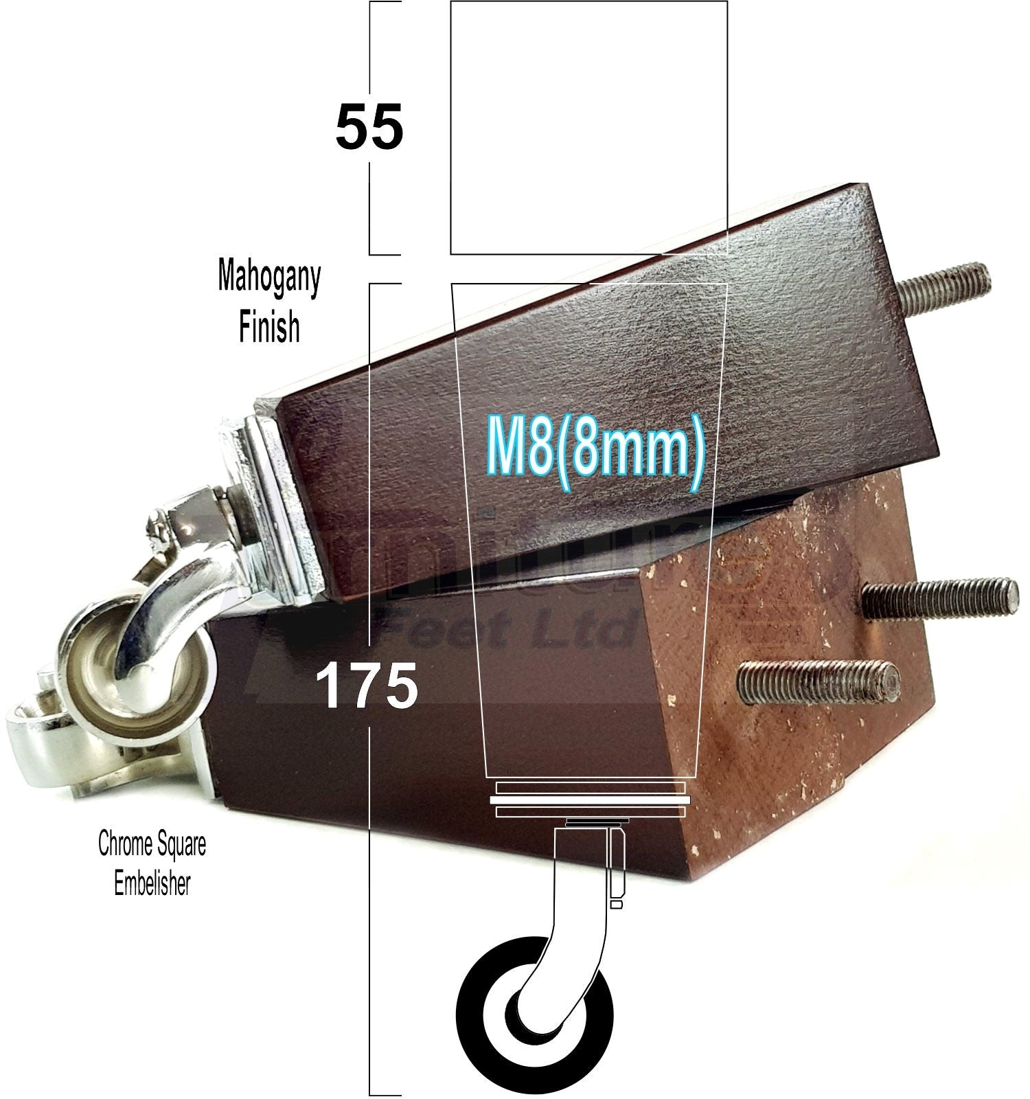 4x Solid Wood Furniture Legs Chair Sofa Bed Replacement Feet 175mm High With Chrome Castors 8mm Thread