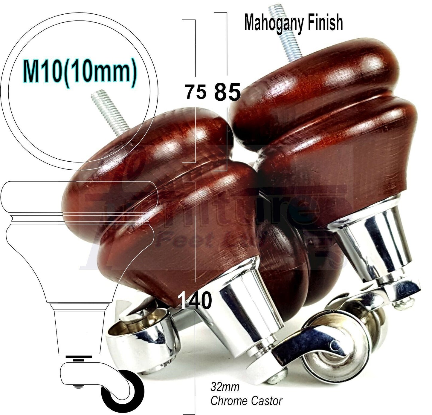 4x Turned Furniture Wood Feet With Castors 140mm Sofas Chairs Settee Cabinets Beds M10(10mm)