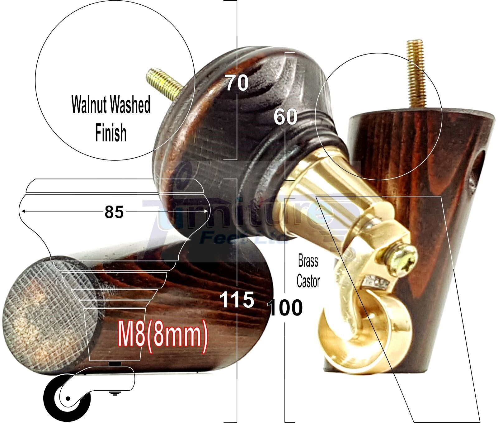 2 Dark Walnut Washed Wood Furniture Sofa Legs With Castor 125mm & 2 Angled Back Feet Chair Settee 100mm High M8