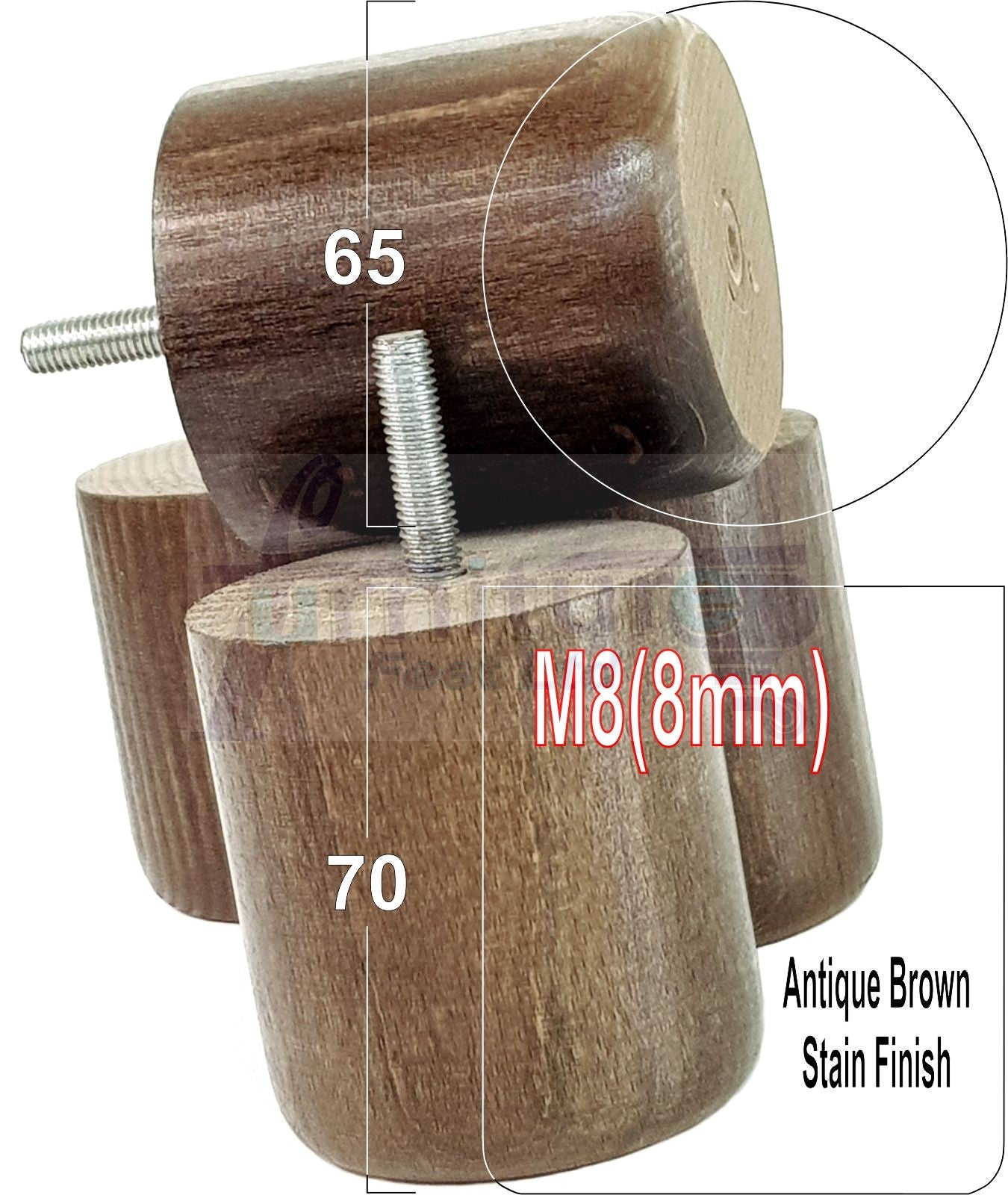 4x Solid Wood Turned Furniture Legs Replacement Bun Feet 70mm High 8mm Thread