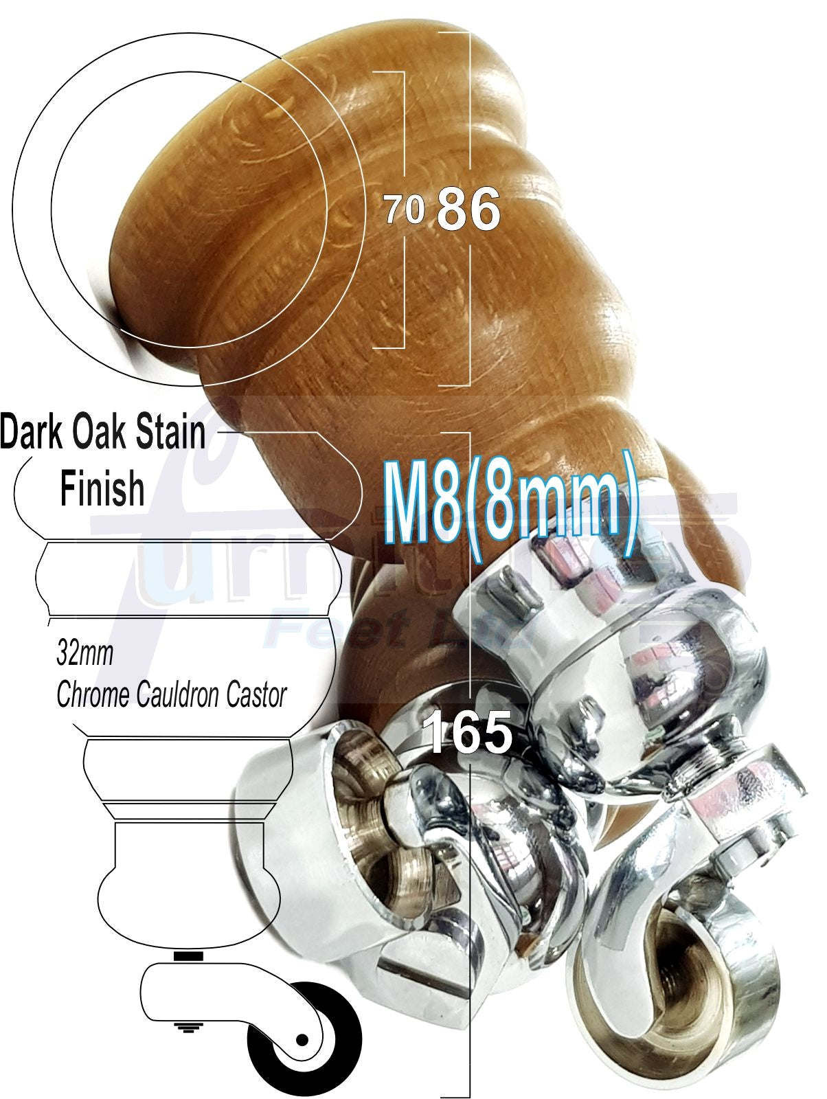 4 Turned Wood Furniture Feet With Chrome Cauldron Castors 155mm Legs Sofas Chairs Stools Cabinets Beds M8 6 Inches