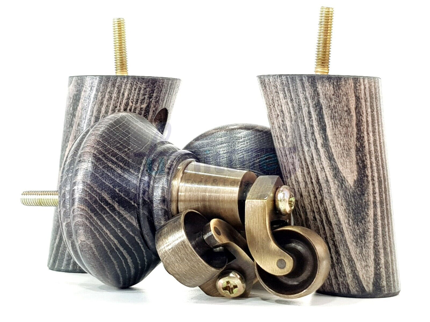 2 Black Washed Wood Furniture Sofa Legs With Castor 125mm & 2 Angled Back Feet Chair Settee 100mm High M8