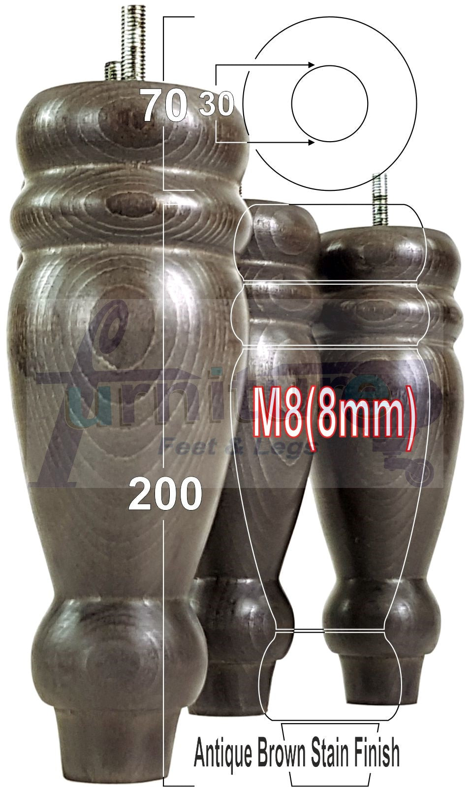 Set Of 4 Turned Furniture Legs Replacement Sofa Feet 200mm High M8 Thread