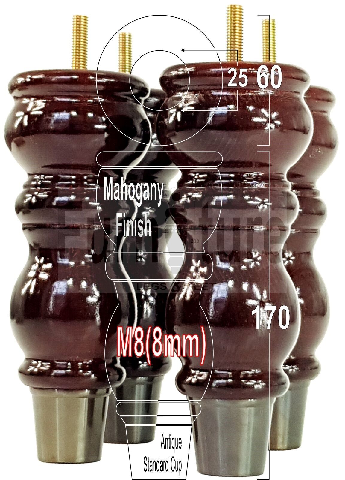 4x Furniture Feet With Slipper Cup 175mm High Legs Mahogany Finish Wood M8 Sofas Chairs Cabinets