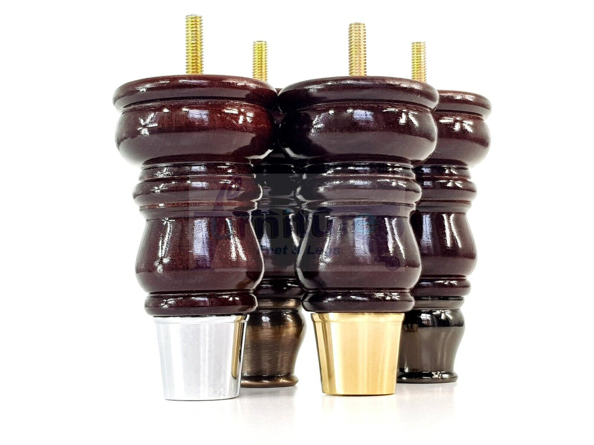 Turned Solid Beech Wood Furniture Legs and Slipper Cup Set of 4 Furniture Replacement Feet 125mm High 8mm Threaded Dowl Fixing