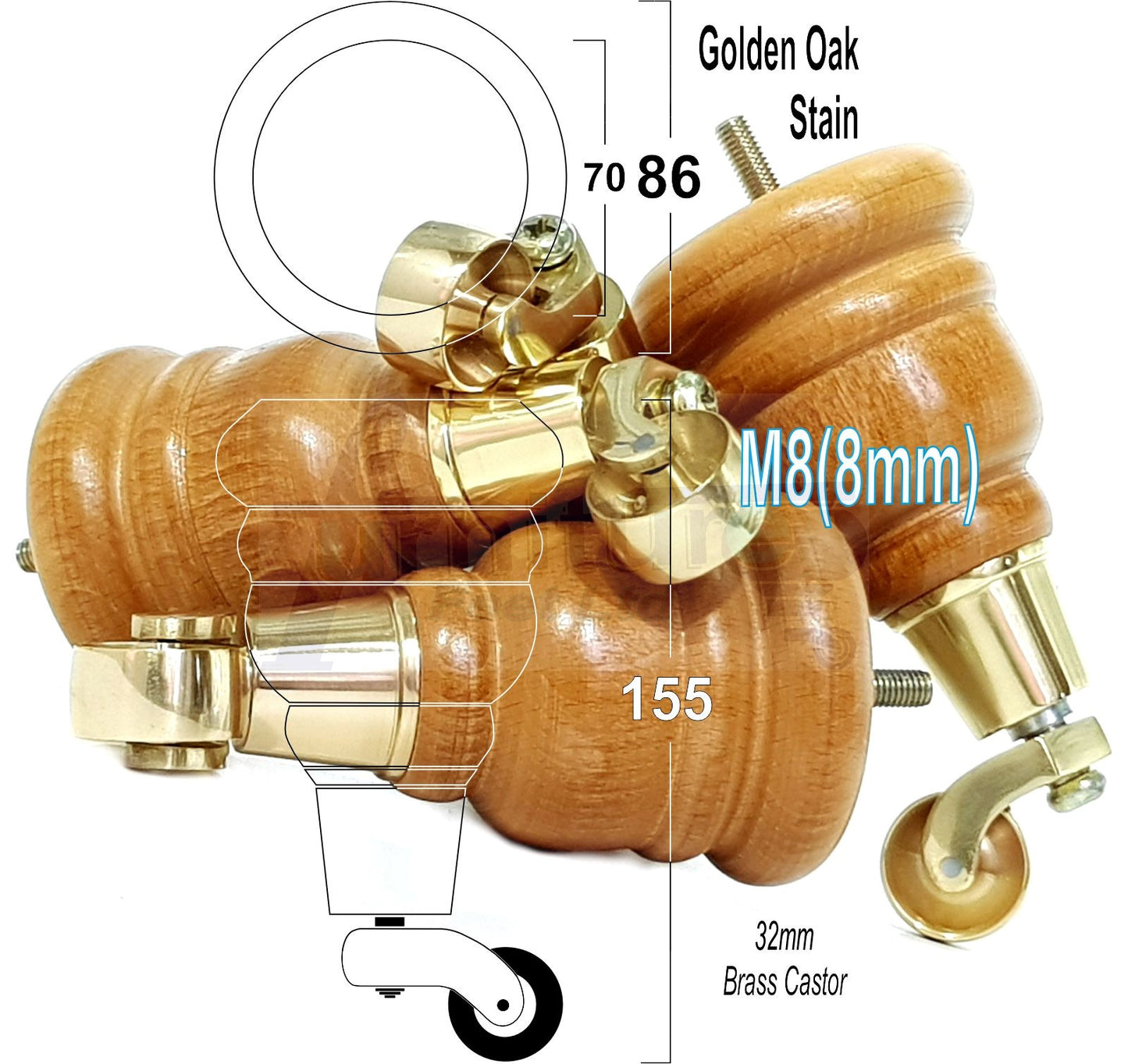 4 Turned Wood Furniture Feet With Brass Castors 155mm Legs Sofas Chairs Stools Cabinets Beds M8 6 Inches