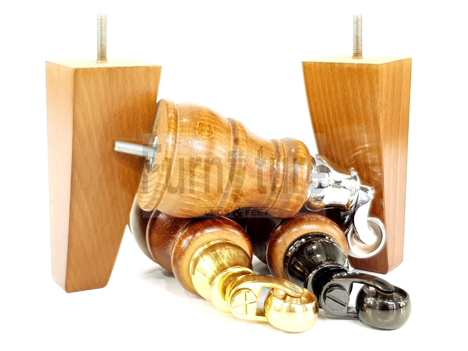 2 Wooden Castor Furniture Sofa Legs & 2 Curved Back Feet  Dark Oak Stain M8 Chair Settee Feet 160mm High