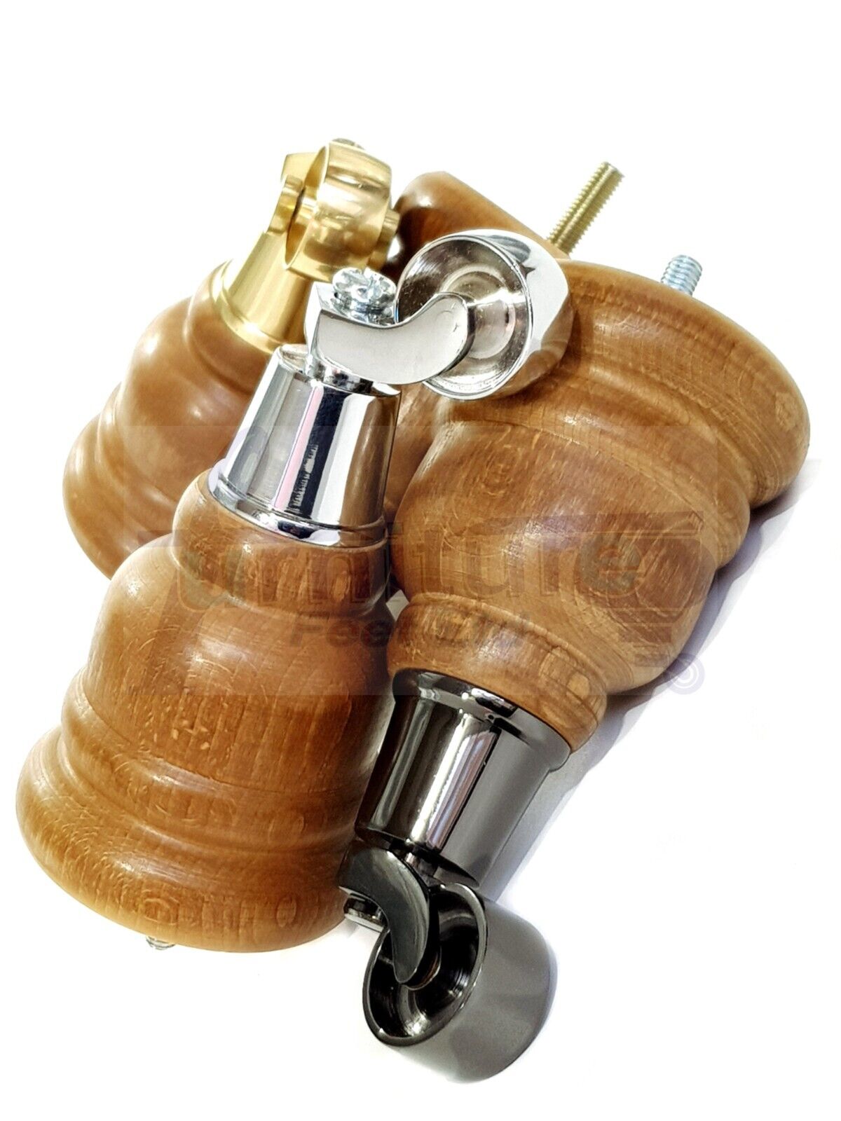 4 Turned Wood Dark Oak Stain Furniture Replacement Legs with Castors 155mm Legs M8 Fitting