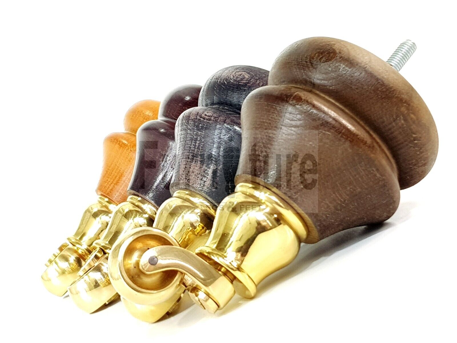 Set Of 4 Turned Furniture Wood Feet With Brass Castors 140mm Sofas Chairs Settee Cabinets Beds M8(8mm)