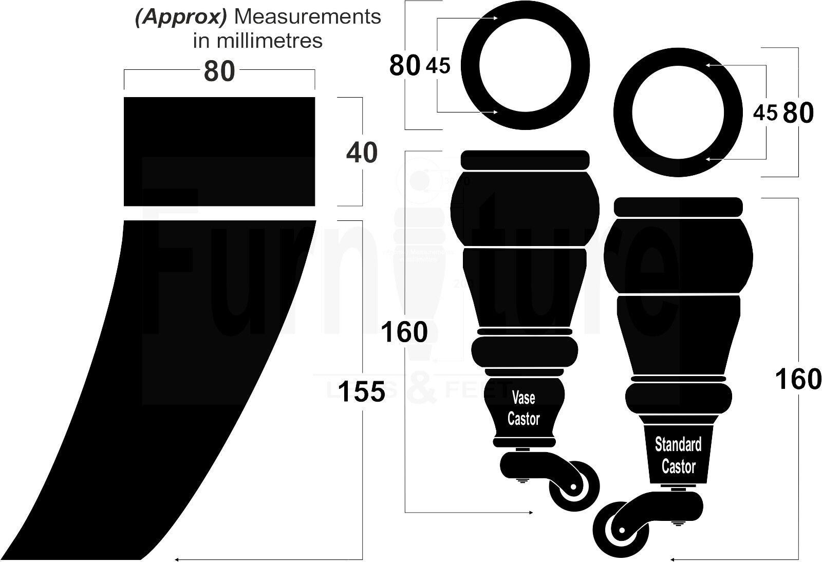 2 Wooden Castor Furniture Sofa Legs & 2 Curved Back Feet  Mahogany M8 Chair Settee Feet 160mm High
