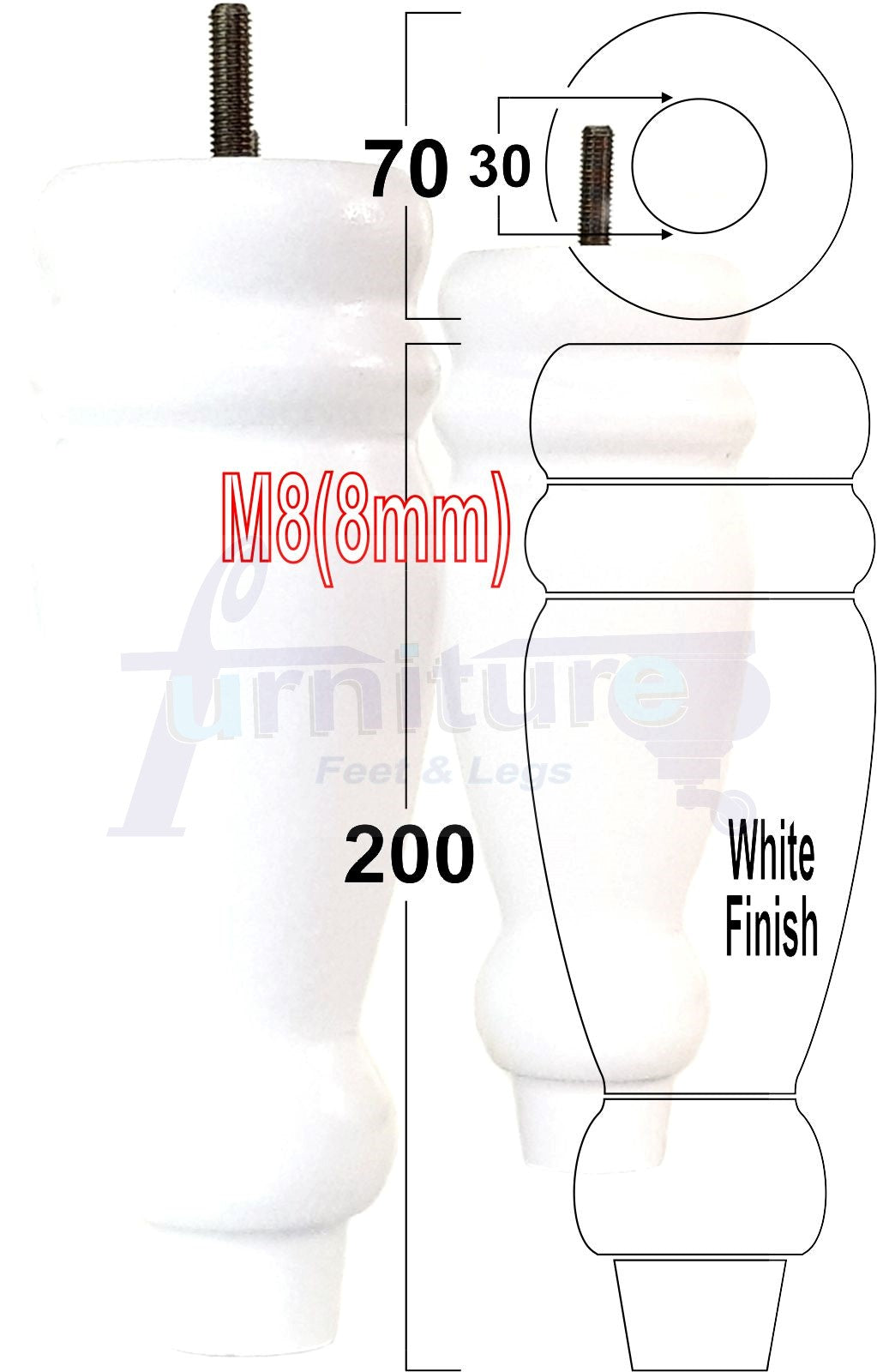 Set Of 4 Turned Furniture Legs Replacement Sofa Feet 200mm High M8 Thread
