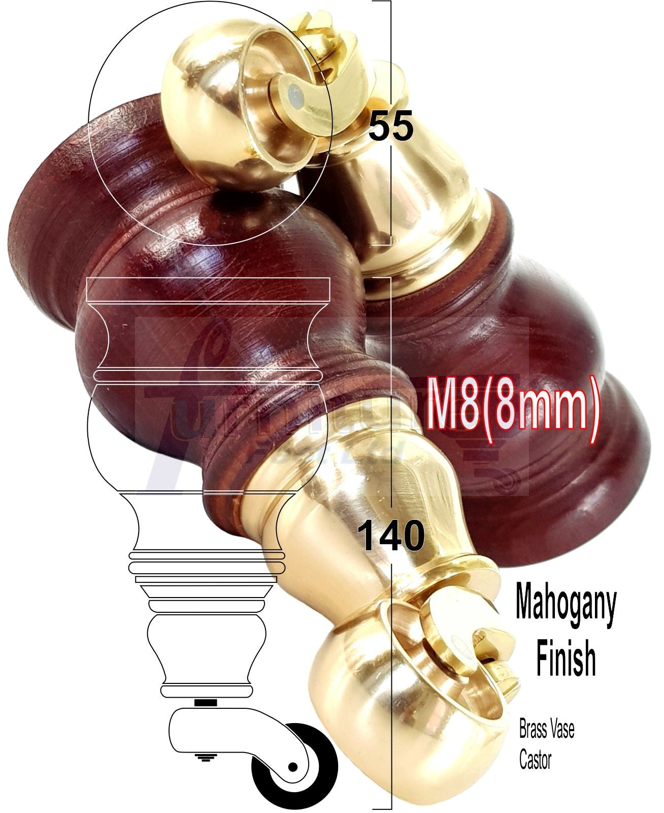 Set Of 4 Turned Wood Furniture Legs With140mm High Castor 8mm Thread For Chairs Settees & Cabinets