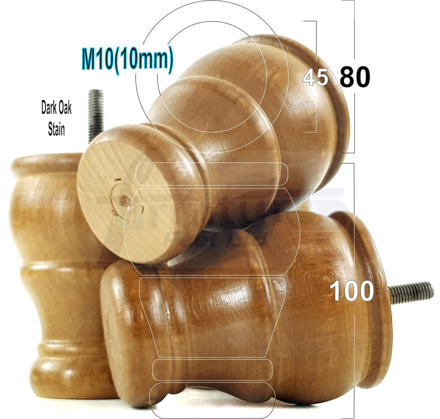 4 Turned Wood Furniture Legs Replacement Sofa Settee Chair Bed Feet 100mm High M10 Thread